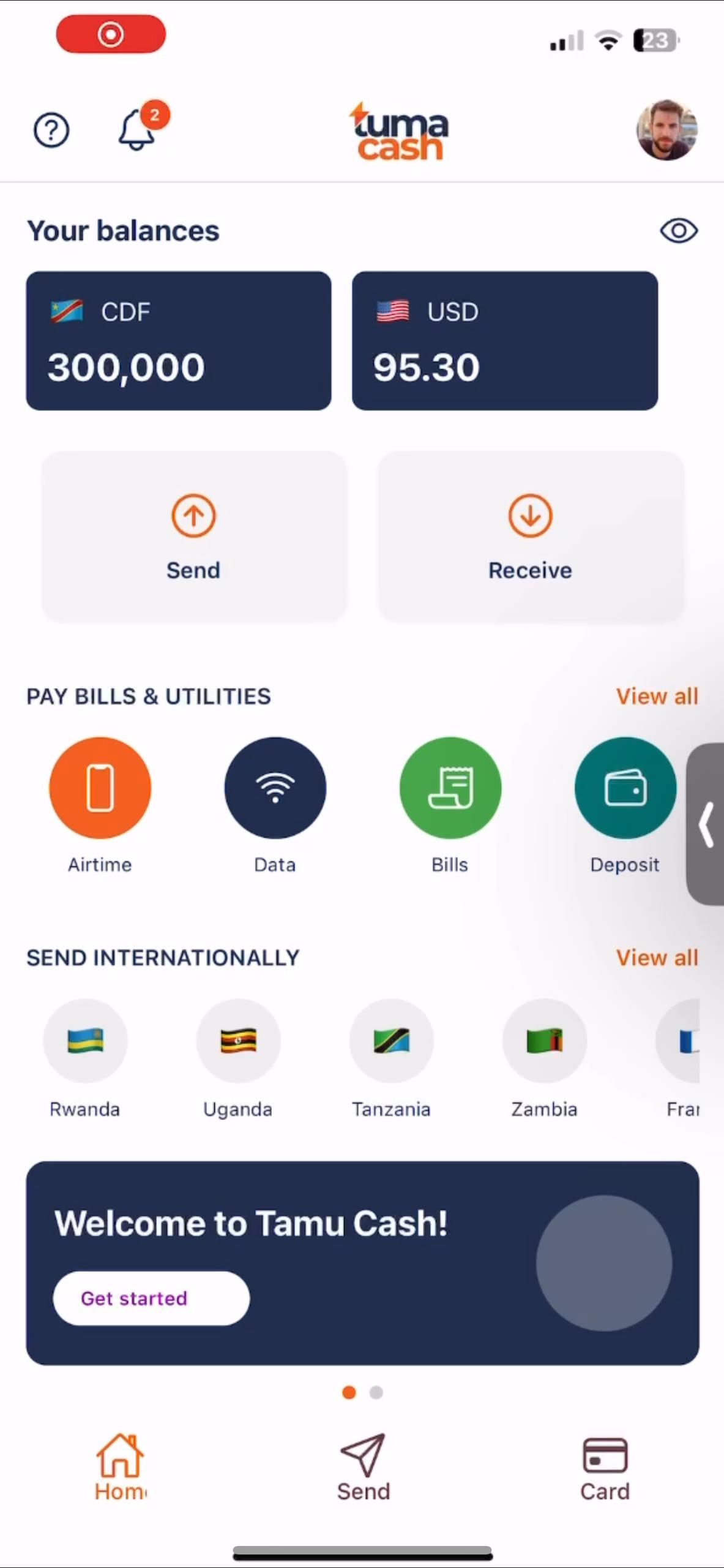 Tuma Cash App Home Screen